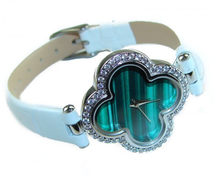 Precious 18.5 carat Authentic Four Leaf Clover Malachite Genuine Leather strap .925 Sterling Silver handmade Watch