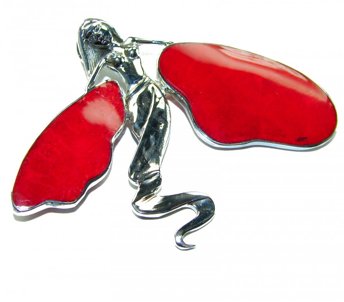 Red Fossilized Coral .925 Sterling Silver pendant brooch