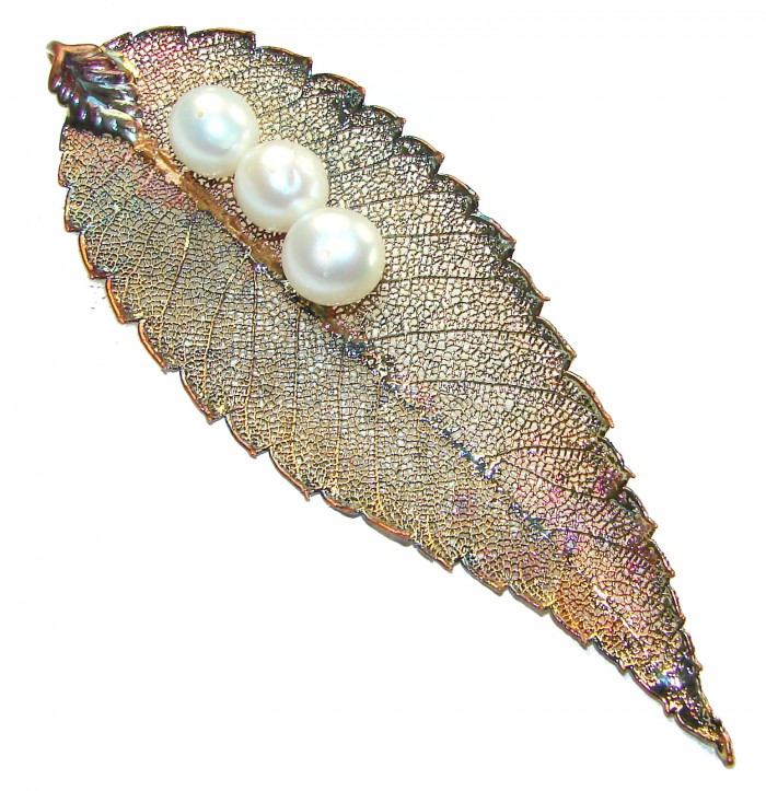 Long! REAL Leaf dipped in Sterling Silver and Gold with Pearls and 14K Gold & .925 Sterling Silver Pendant