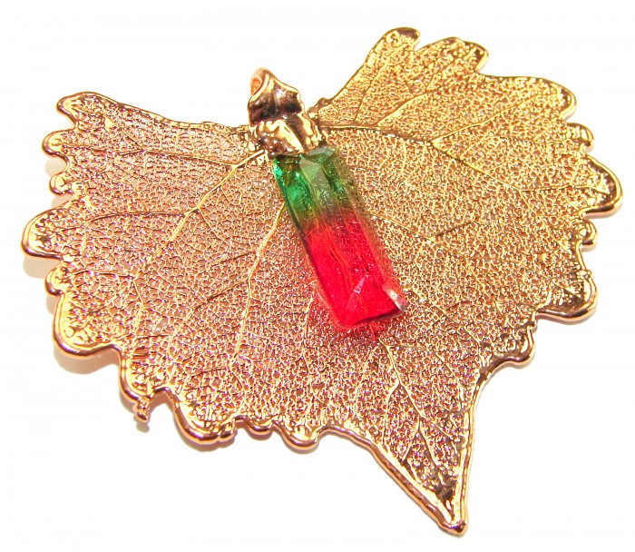 Stylish REAL Leaf Coved with Sterling Silver and 14K Gold 14.5 carat Tourmaline & .925 Sterling Silver Pendant