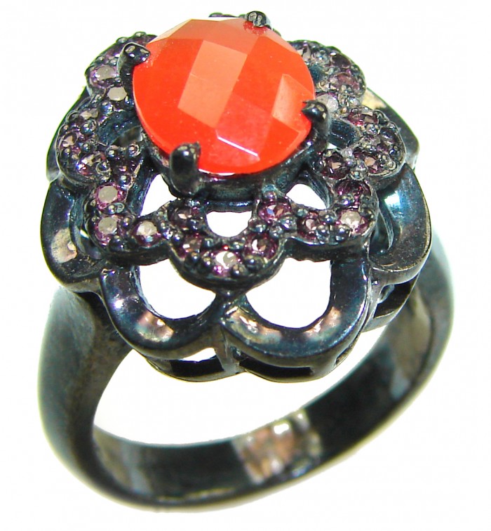 Orange Power natural 4.8 carat Carnelian black rhodium over .925 Sterling Silver handmade ring s. 8