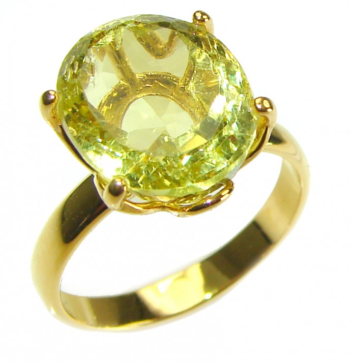 10.8 carat Genuine Lemon Quartz 14K Gold over .925 Sterling Silver handcrafted ring size 8