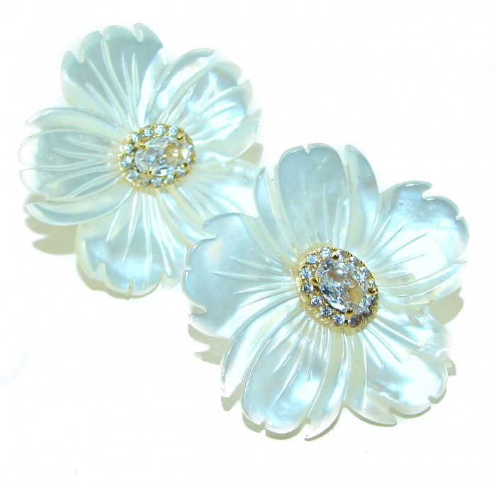 Genuine Blister Pearl 0.2 carat lab grown Diamond 18K Gold over .925 Sterling Silver handcrafted Statement Earrings