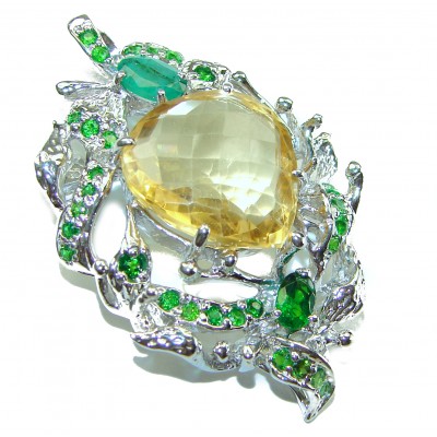 Vintage Design Genuine 18.5 carat Lemon Quartz 9.8 carat Colombian Emerald .925 Sterling Silver handmade Pendant - Brooch