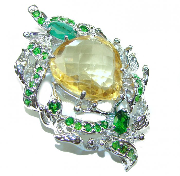 Vintage Design Genuine 18.5 carat Lemon Quartz 9.8 carat Colombian Emerald .925 Sterling Silver handmade Pendant - Brooch - video