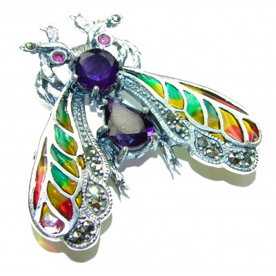 Precious Bee genuine Amethyst Enamel .925 Sterling Silver handmade Pendant - Brooch