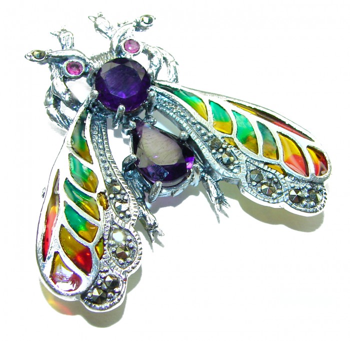 Precious Bee genuine Amethyst Enamel .925 Sterling Silver handmade Pendant - Brooch