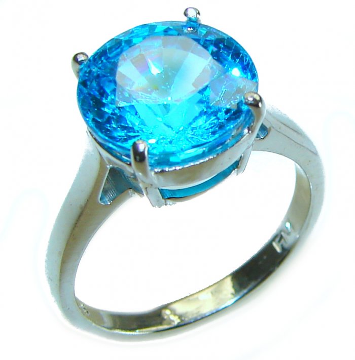 6.5 carat Fancy round cut Swiss Blue Topaz .925 Sterling Silver handmade Ring size 7 3/4 - video