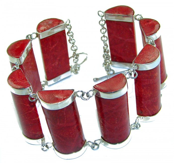 Precious Red Fossilized Coral .925 Sterling Silver handcrafted Large Bali Bracelet