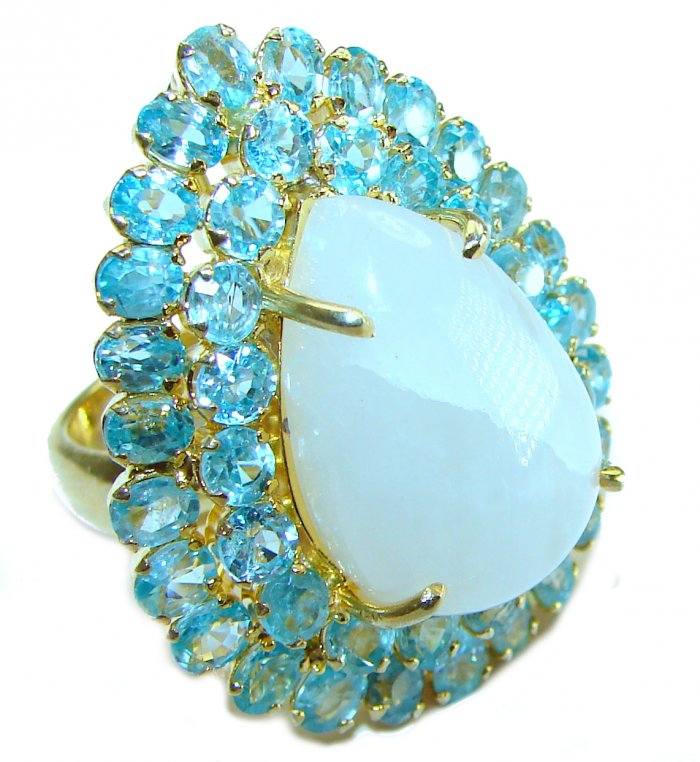 Moonlight Huge - 55.8 carat Rainbow Moonstone 14K Gold over .925 Sterling Silver handmade Statement Ring size 6 1/4 - video