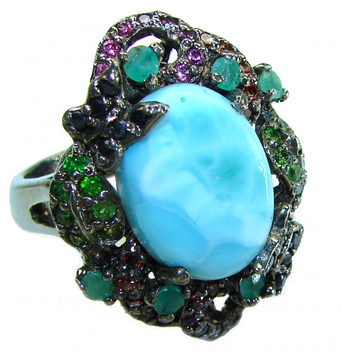 Precious authentic 10.5 carat Blue Larimar black rhodium over .925 Sterling Silver handmade ring size 7 3/4