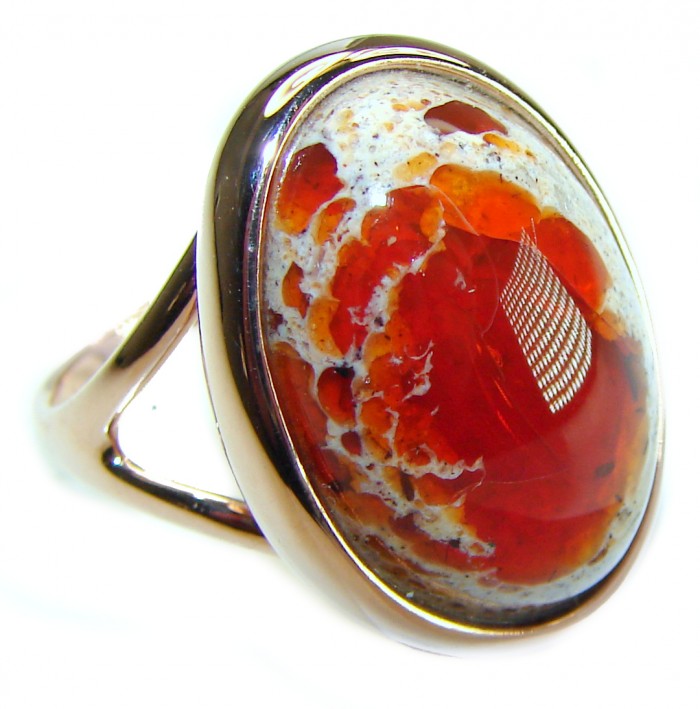 Queen of Fire best quality 12.4 carat Mexican Opal 14K Rose Gold over .925 Sterling Silver handmade ring 8