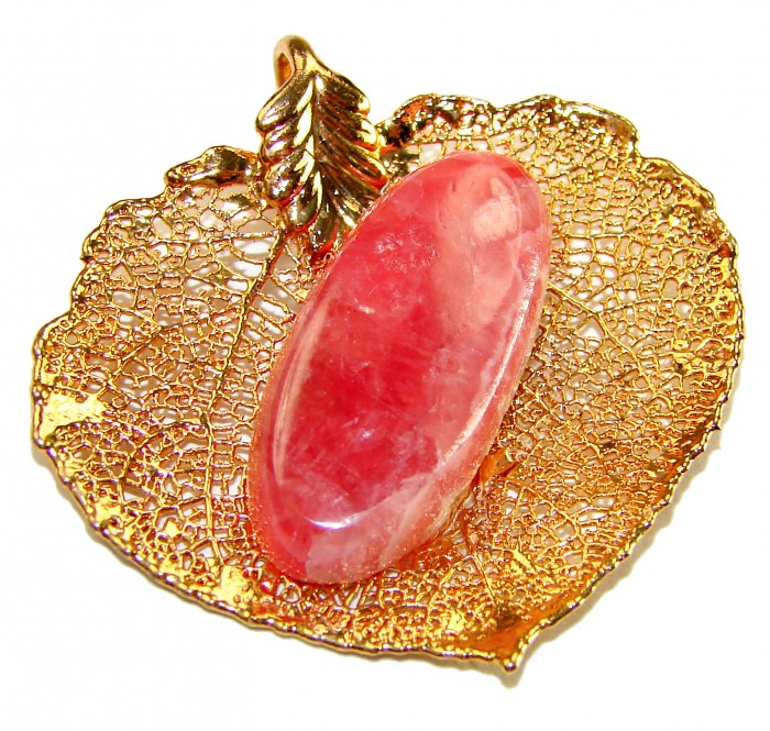 Stylish REAL Leaf Coved with Sterling Silver and 14K Gold Rhodochrosite & .925 Sterling Silver Pendant
