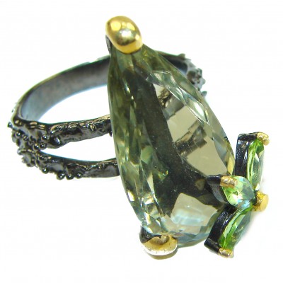 Green Royalty authentic 12.5 carat Green Amethyst 2 tones .925 Sterling Silver handcrafted Large Ring s. 8 1/4