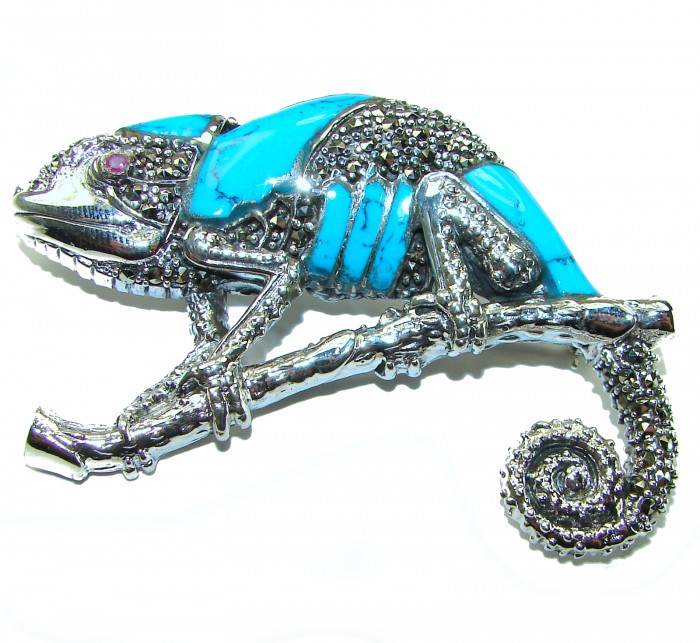 Spectacular Big Chameleon Lizard inlay Turquoise .925 Sterling Silver handmade Brooch