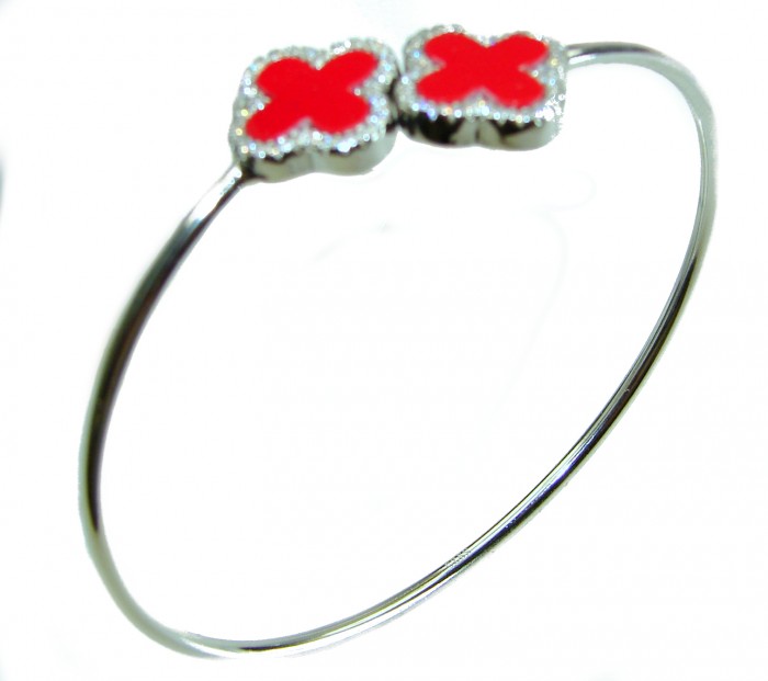 A Red four-leaf clover Coral .925 Sterling Silver handcrafted Bracelet