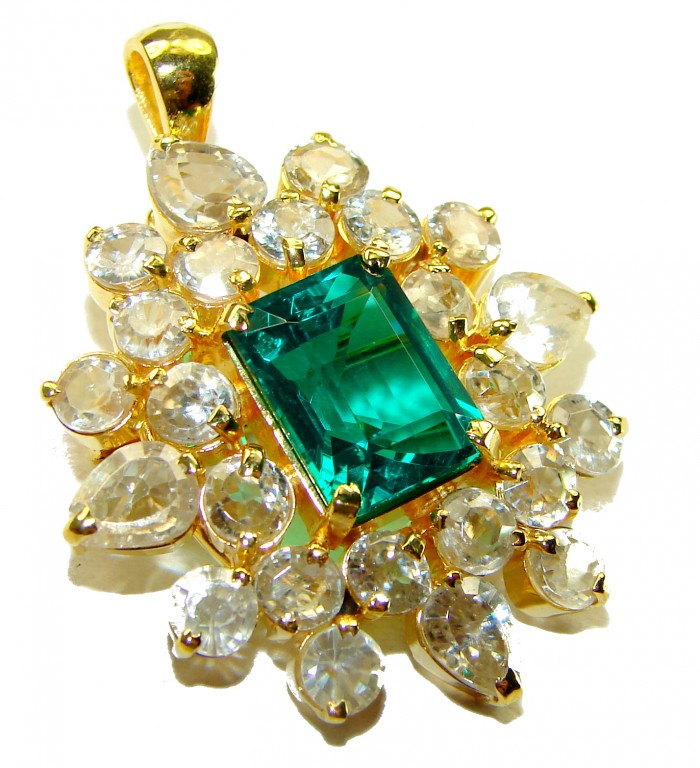 Vintage style Beauty 14.5 carat Emerald 14K Gold over .925 Sterling Silver handmade Pendant - Brooch