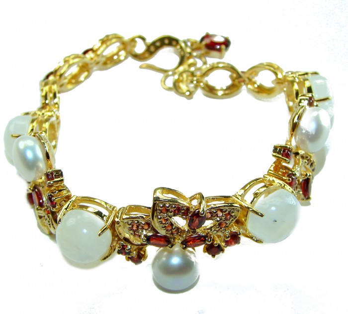 Genuine Rainbow Moonstone Pear Ruby 14K Gold over .925 Sterling Silver handmade Bracelet