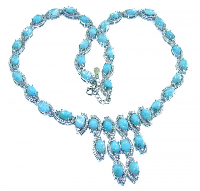 Caribbean Beauty Genuine 58.5 carat Blue Larimar lab grown Diamond .925 Sterling Silver handmade Necklace