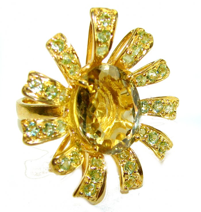 Golden Flower 10.5 carat Authentic Citrine Peridot 14K Gold over .925 Sterling Silver handcrafted Statement ring size 7 - video