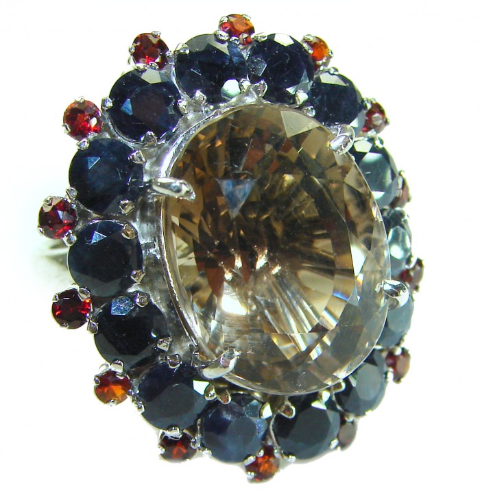 Egyptian Night 18.5 carat Champagne Smoky Topaz Sapphire .925 Sterling Silver Ring size 6