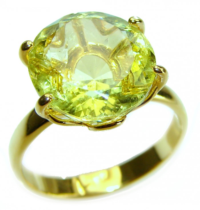 11.8 carat Genuine fancy oval cut Lemon Quartz 14K Gold over .925 Sterling Silver handcrafted ring size 8 3/4