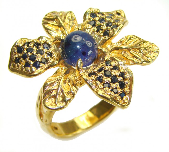 Blue Flower Authentic African Kyanite Sapphire 14K Gold over .925 Sterling Silver handmade rubg size 8 1/4
