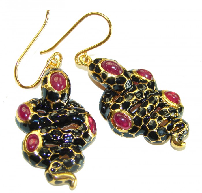 Black Snakes Genuine Enamel Ruby 18K Gold over .925 Sterling Silver handcrafted Earrings