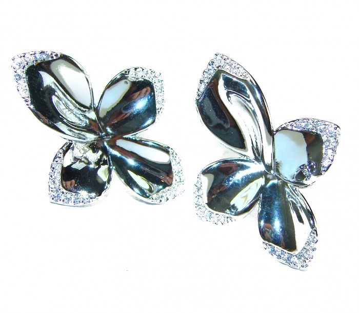 Lotus flower White Topaz highly polished Rhodium over .925 Sterling Silver Italy made Earrings