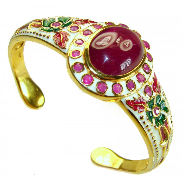 Floral Design Genuine 22.5 carat Ruby Enamel 18K Gold over .925 Sterling Silver Bracelet / Cuff - video
