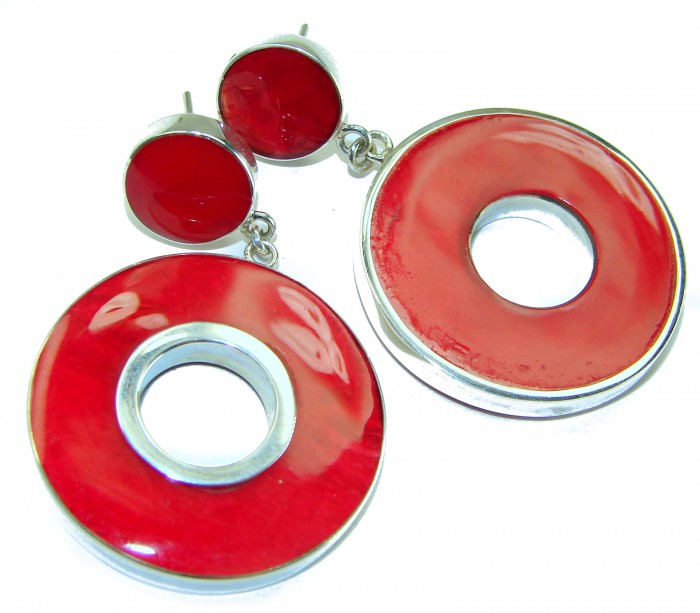 Large Genuine Red Fossilized Coral .925 Sterling Silver handmade earrings