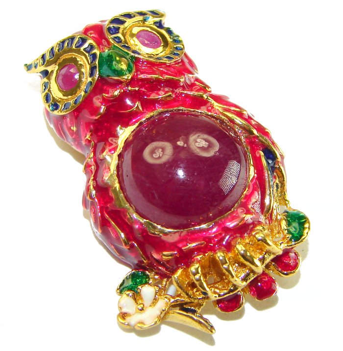 Wisdom and Unseen World - Owl- Genuine 10.5 carat Ruby enamel .925 Sterling Silver handmade Pendant - Brooch - video