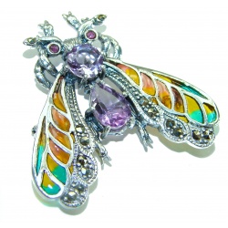 Precious Bee genuine Amethyst Enamel .925 Sterling Silver handmade Pendant - Brooch