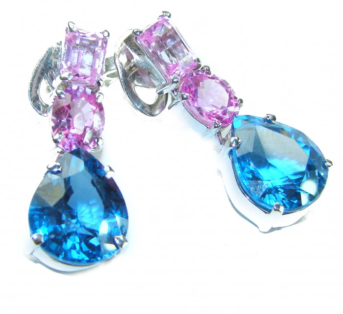 Summer 22.5 carat Pink Sapphire Swiss Blue Topaz .925 Sterling Silver handmade Statement earrings