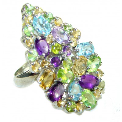 Serenity - Authentic 17.5 carat Multigem .925 Sterling Silver handcrafted Cocktail Ring s. 7 3/4