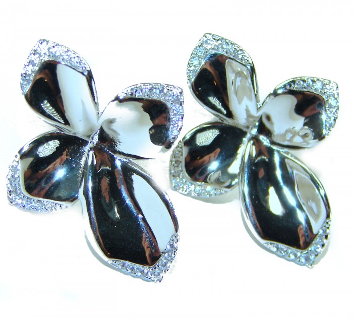 Lotus flower White Topaz highly polished Rhodium over .925 Sterling Silver Italy made Earrings
