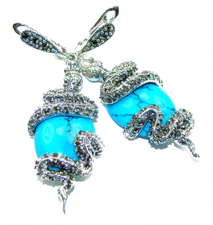 Snakes Great authentic inlay Turquoise .925 Sterling Silver handcrafted Earrings