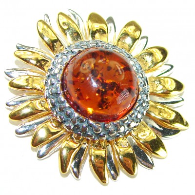 Golden Flower Natural Baltic Amber 14K Gold over .925 Sterling Silver handmade Pendant