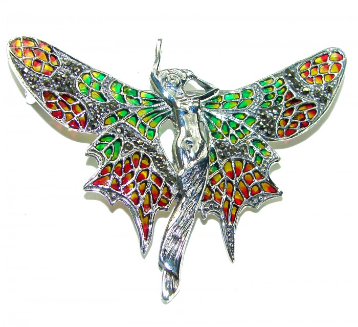 Natural Enamel Eagle .925 Sterling Silver Brooch Pendant