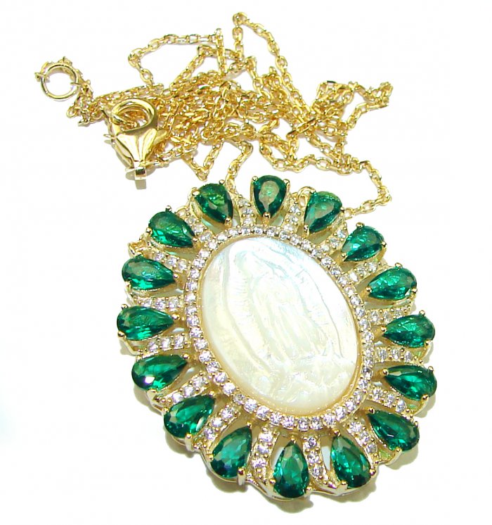 Virgin MARY Precious Blister Pearl Chrome 14.5 CARAT Diopside 18K Gold over .925 Sterling Silver Necklace - video