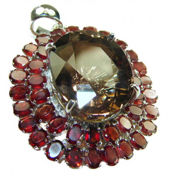 Authentic 45.5 carat carved Smoky Topaz Garnet .925 Sterling Silver handmade Statement Pendant - video