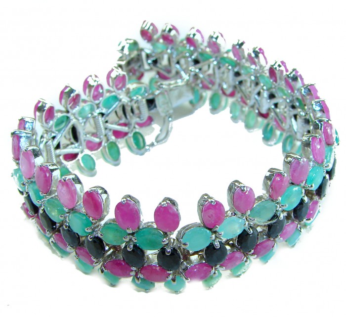 Carmen - Precious Natural 148.5 carat Ruby Emerald Sapphire .925 Sterling Silver handcrafted bracelet