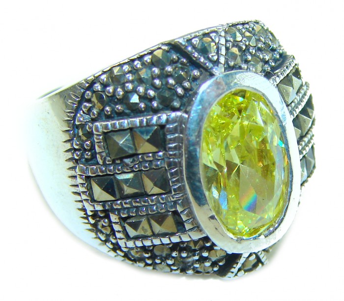 Authentic 5.8 carat Green Neon Topaz Marcasite .925 Sterling Silver handmade Ring s. 6