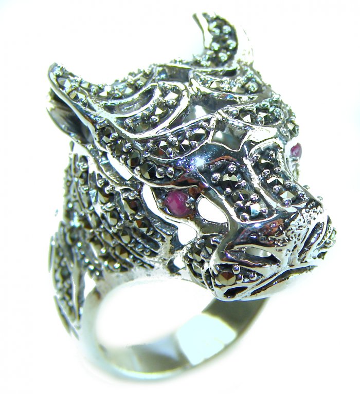 Panthère's Head Marcasite Ruby .925 Sterling Silver handcrafted Statement Ring size 10 - video