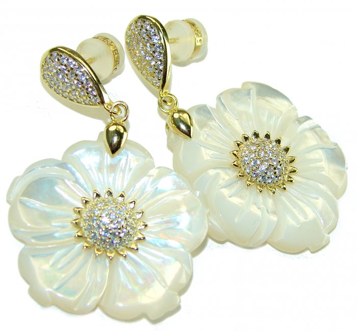Genuine Blister Pearl lab grown Diamond 18K Gold over .925 Sterling Silver handcrafted Large Statement Earrings - video