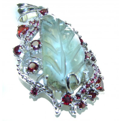 Back to Nature 22.5 carat carved Green Amethyst Garnet .925 Sterling Silver handmade Pendant