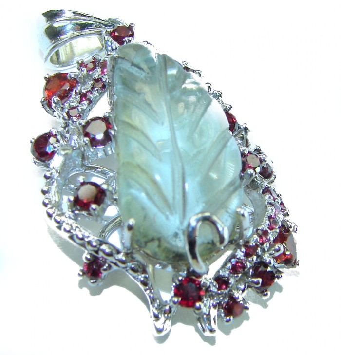 Back to Nature 22.5 carat carved Green Amethyst Garnet .925 Sterling Silver handmade Pendant