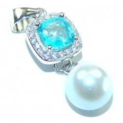 Purity 0.4 carat authentic Swiss Blue Topaz Pearl .925 Sterling Silver handmade Pendant