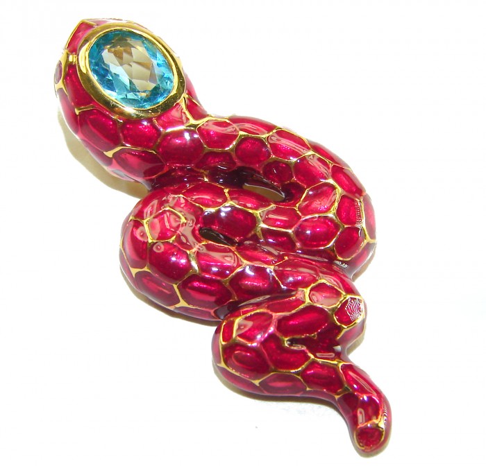 INCREDIBLE Natural Ruby Enamel Snake 14K Gold over .925 Sterling Silver Pendant