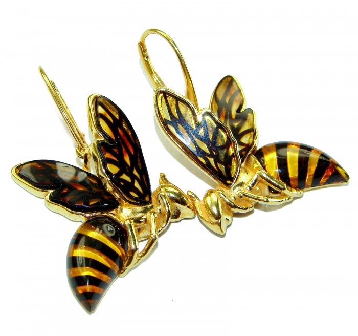 Special product! Wonderful Bees Baltic Amber 14K Gold over .925 Sterling Silver entirely handcrafted earrings